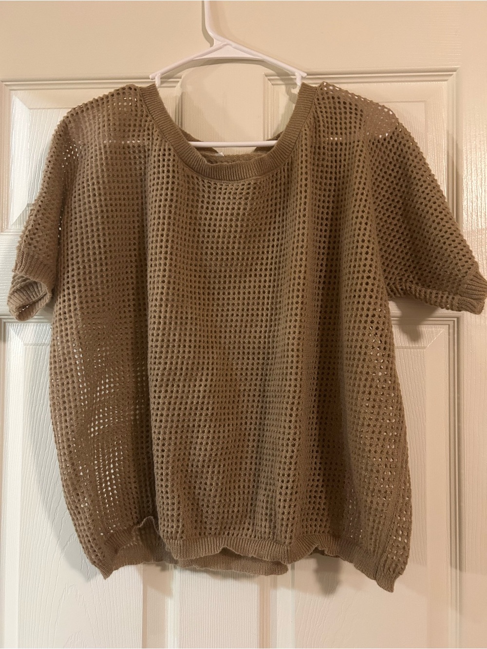 Neutral Open-Knit Short Sleeve Sweater - Beige